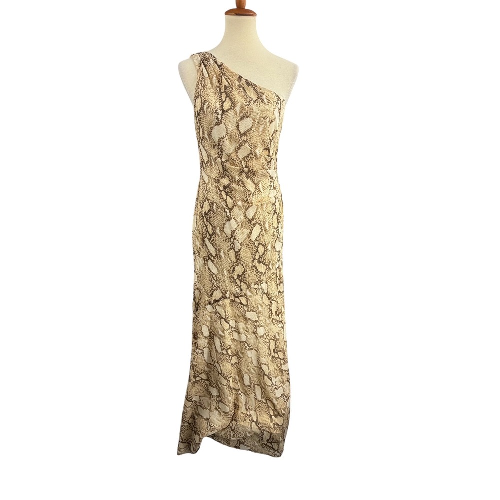 Lauren Ralph Lauren One Shoulder Gown Size 4 Tan Snakeskin Print Georgette New